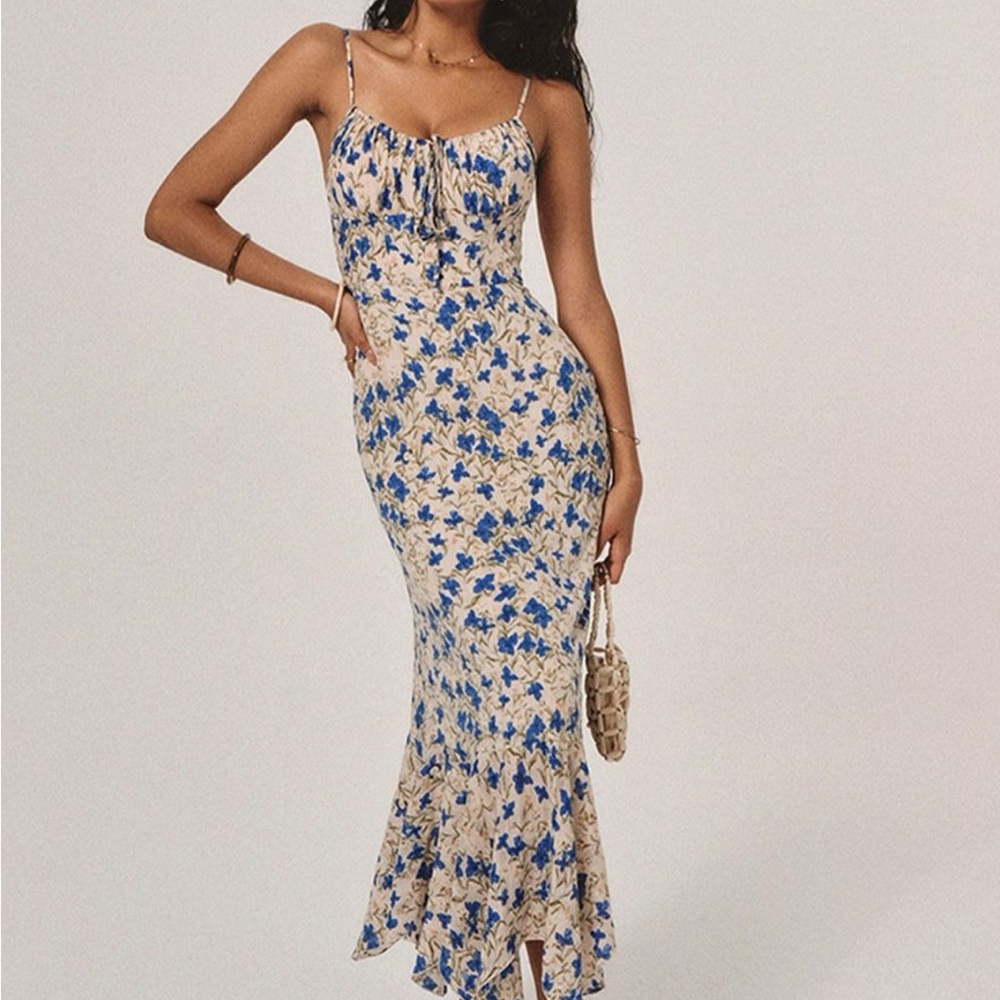 Commense Blue Floral Cream Maxi Dress